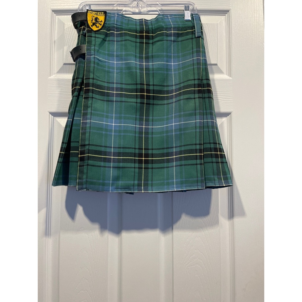 Sport Kilt Douglas Tartan Green Plaid Pleated Skirt with Straps Medium USA Made